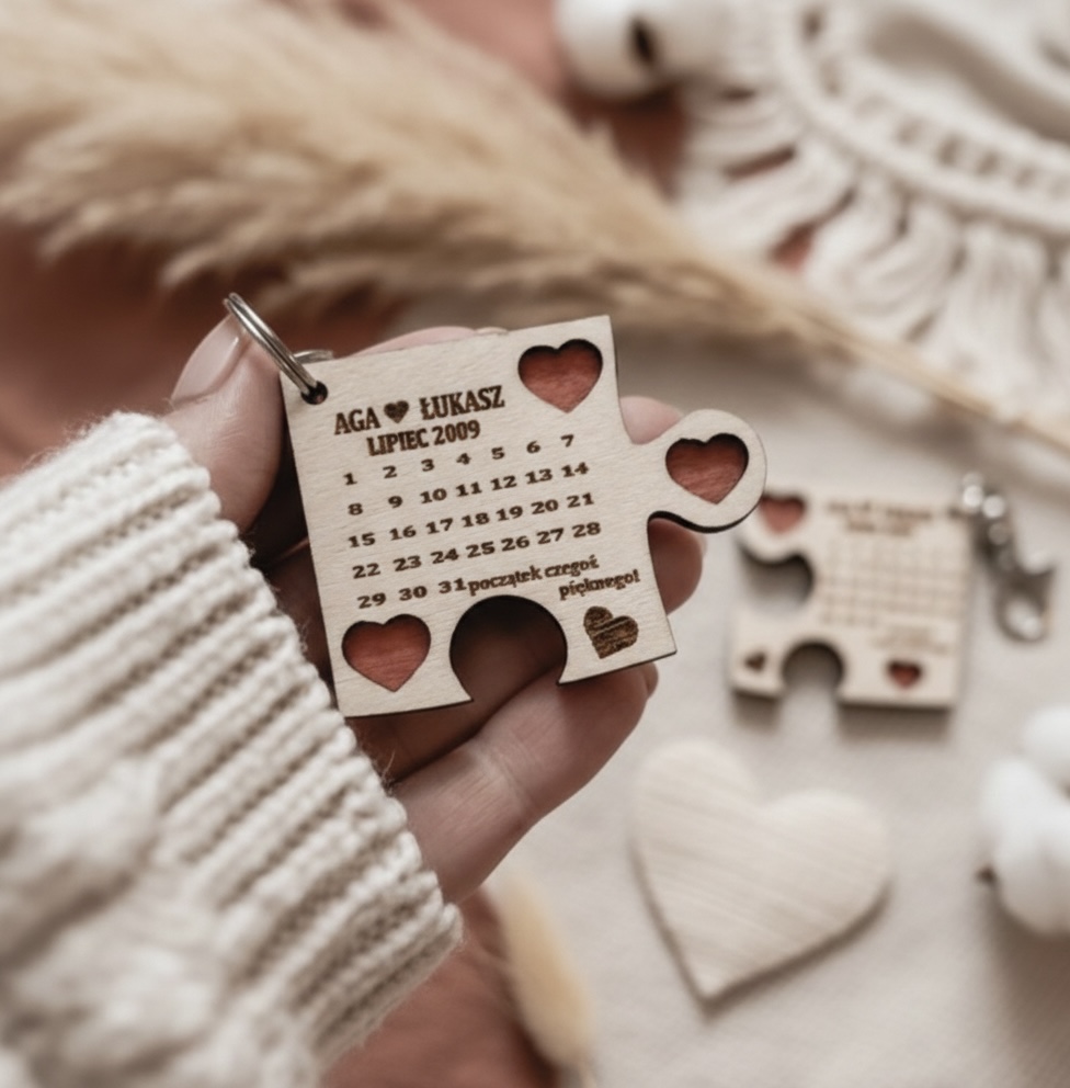 Breloki puzzle dwa z imionami.Spakowane gotowe do wręczania.